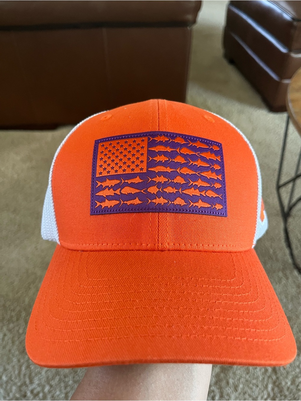 Clemson Columbus hat Orange and White with Clemson Logo and Fish Flag Patch